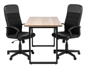 A light beige wooden desk with two black office chairs