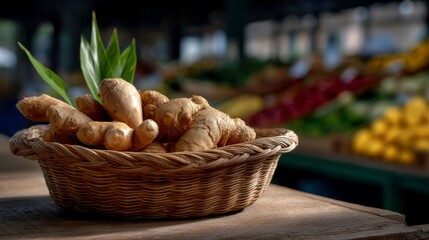 Fresh ginger roots in a basket local market food photography vibrant setting close-up view culinary inspiration