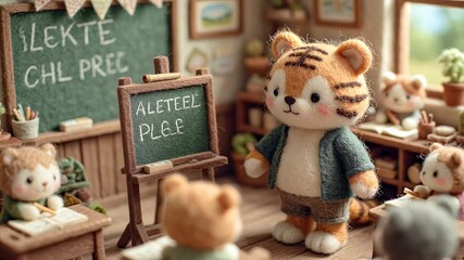 Animated tiger teacher in a classroom setting with students and blackboard