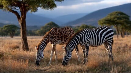 Giraffes and zebras grazing together african savanna wildlife interaction natural habitat wide angle animal coexistence