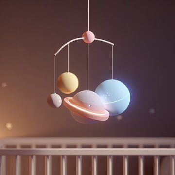 A pastel-toned mobile hangs above a crib.  Soft lighting.  Planets and a ringed planet