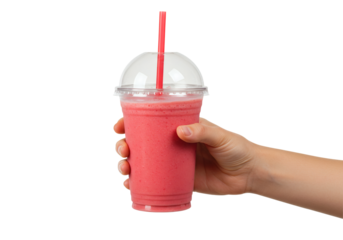 Hand Holding Pink Smoothie Cup Straw Frozen Drink Beverage Refreshing Fruit Shake