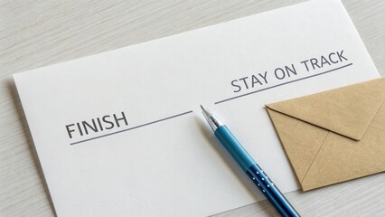 Inspirational note with a pen, envelope, and tasks for motivation and productivity on a wooden desk surface