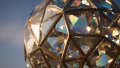 Fototapeta premium Close-up of a faceted sphere with mirrored surfaces reflecting light against a blue sky