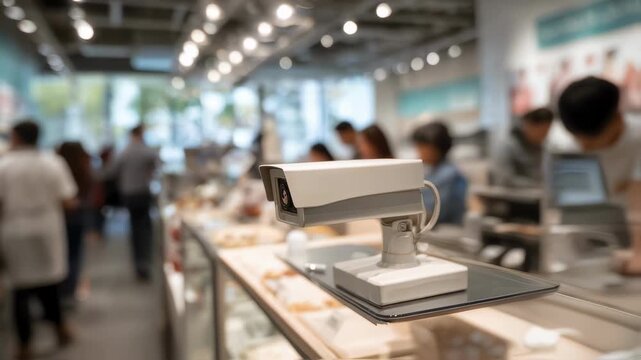 Motionsensitive security camera capturing activity at a counter showing the device clearly while the background of moving employees and shoppers is artistically out of focus.