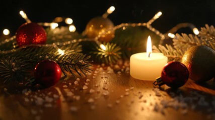 Warm flickering candle light gently illuminates festive Christmas decorations, evergreen branches, and sparkling fairy lights, crafting a serene holiday ambiance.