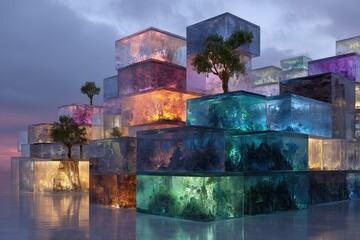 A group of cubes with a tree in the middle