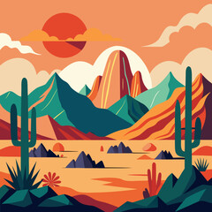 Vector artwork of a desert landscape with cactus