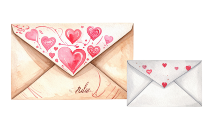 Dual heart-themed envelope collection isolated on transparent background