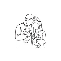 Simple black and white line art of an affectionate couple holding plush bunny toys.