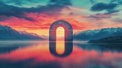 A large arch in the middle of a lake