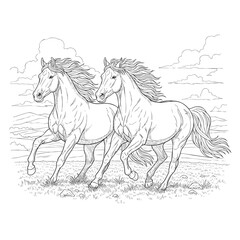 Two beautiful wild horses running free in a field black and white line art illustration for coloring.