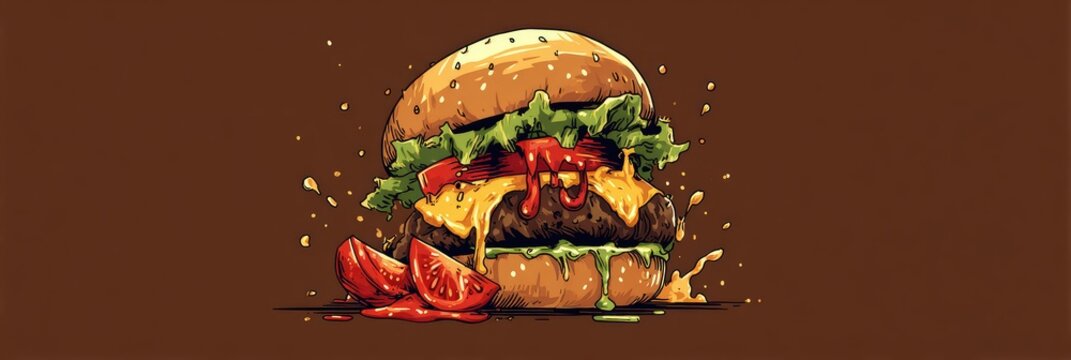 An illustrated, stylized hamburger with dripping cheese, tomatoes, and lettuce on a brown background