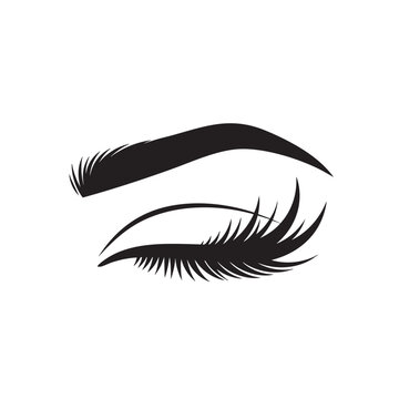 Stylized black graphic of a closed eye with a bold arched eyebrow and long voluminous eyelashes.
