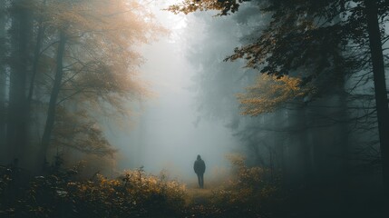 A person standing in a forest with a fog