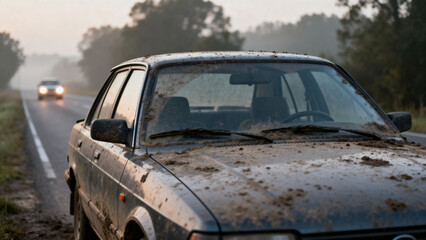 broken car in the rain
