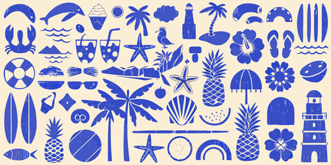 Collection of blue summer vacation icons and symbols on a cream background