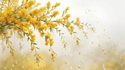 Obraz premium Dainty raindrops fall gently onto a cluster of goldenrod flowers against a soft white background