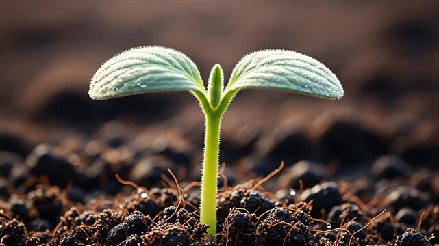 A simple, tender green seedling emerges from dark, fertile soil, representing the foundational essence of life, growth, and natural development