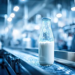 Milk Bottle On Conveyor Belt In Modern Dairy Processing Facility