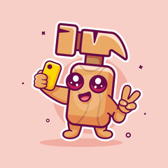 smiling hammer character mascot taking a selfie with a smartphone isolated cartoon 
