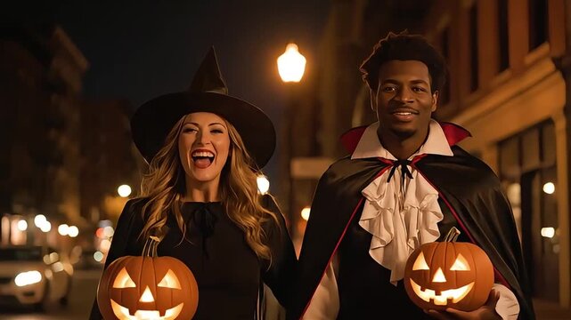 joyful couple a witch and vampire laughing and holding glowing jack-o-lanterns on a dark street celebrating halloween night