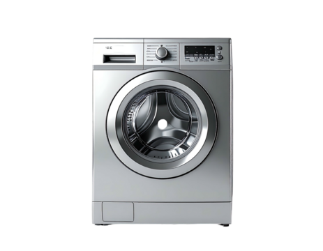 Modern washing machine, front-loading, stainless steel