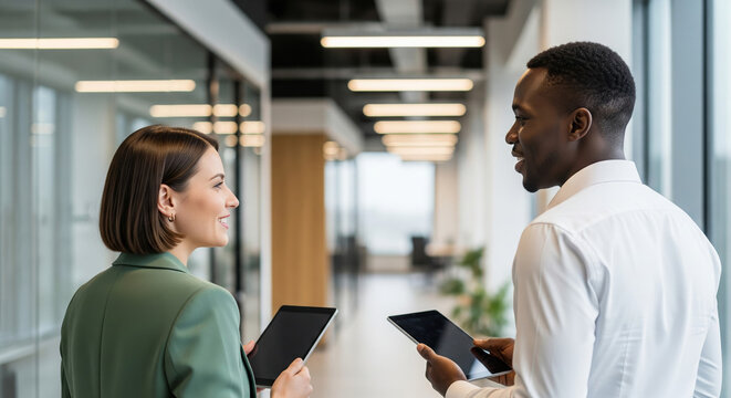 Diverse business colleagues smiling and discussing in a modern office hallway