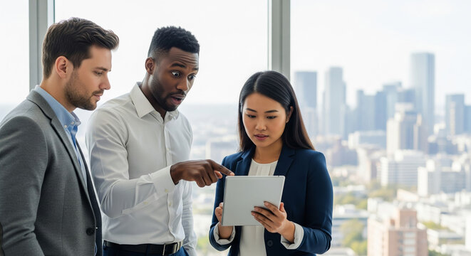 Diverse business team collaborating with a digital tablet in an office