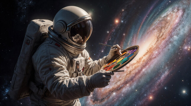 A photorealistic image of an astronaut in a spacesuit with a palette and bright colors painting the universe with a brush