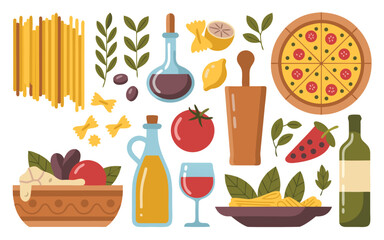 A vibrant collection of italian food icons isolated on white background, featuring pasta, pizza, wine, olive oil, tomatoes, basil, and other culinary essentials