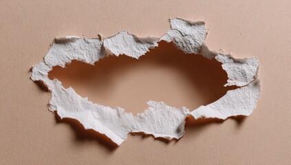Close-up of paper with a torn hole revealing a softer color beneath
