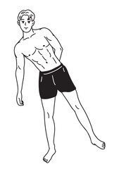 A black and white linear illustration 
A shirtless young man stands with his hands behind his back.
He shows off his muscular physique.