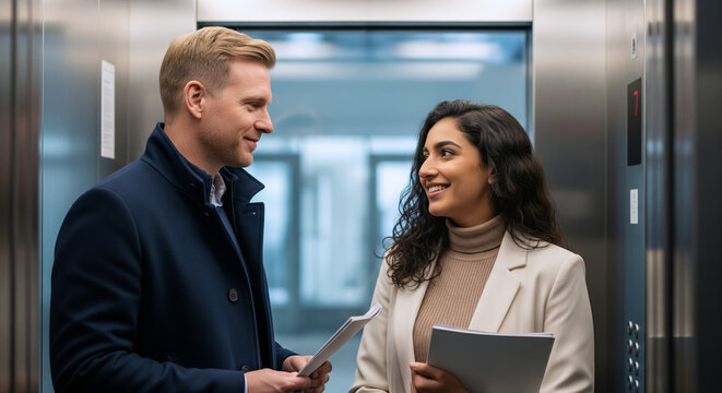 Business colleagues having a friendly conversation in a modern elevator