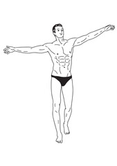 A black and white linear illustration 
A young man happily walks around in his swimming trunks,
showing off his beautiful muscles.