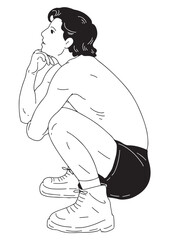 A black and white linear illustration 
The young man took off his shirt and sat hugging his knees, showing off his beautiful muscles.