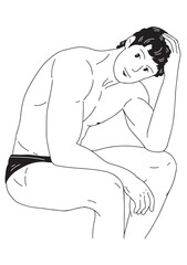 A black and white linear illustration 
The young man took off his shirt and placed his hands on his head,
showing off his beautiful muscles.