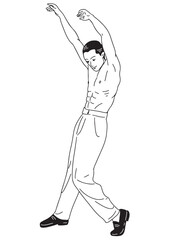 A black and white linear illustration 
A shirtless young man stands and dances,
showing off his beautiful muscles.