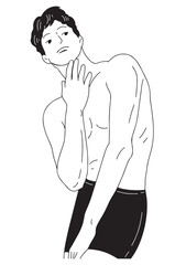 Fototapeta premium A black and white linear illustration A young man stands naked from above, showing off his beautiful muscles.