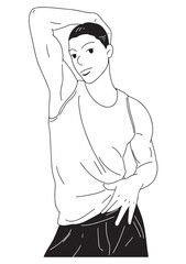 A black and white linear illustration 
A young man stands and poses sexy.