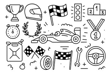 Car racing doodle set. Motorsport elements collection. Line art icons for speed competition. Vector cartoon illustration of formula car, checkered flag, trophy, helmet and medal.