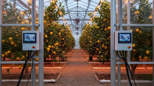 Medium shot inside electric heated greenhouse highlighting advanced temperature control systems nurturing healthy lemon trees during colder months