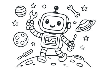 Cute robot coloring page for kids' space adventure. Cartoon astronaut character on the moon. Mechanic bot with tools, planets, and stars. Vector line art illustration.