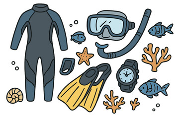 Diving and snorkeling gear doodle set. Cartoon vector illustration of underwater essentials like wetsuit, scuba mask, fins, watch. Sea life icons for travel and ocean adventure.