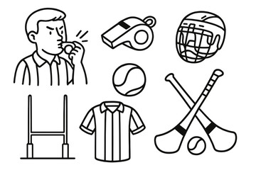 Hand-drawn hurling icons set. Vector cartoon illustration of Gaelic sport equipment from Ireland. Doodle collection with referee, whistle, hurley, sliotar, helmet and goalpost.