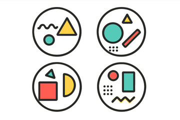 Set of circle icons with abstract geometric shapes in Memphis style. Vector illustration pack of retro 80s 90s design elements. Colorful modern minimalist symbols.