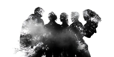 Ethereal Forest Within: A Moody Double Exposure of Human Silhouettes in Monochrome