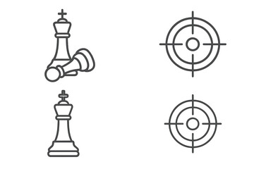 Vector line icon set. Chess and target symbols. Business strategy metaphor. Checkmate concept for competition, success, and goals. King piece winning and losing illustration.