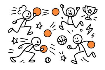Stick figure dodgeball game vector set. Doodle cartoon characters playing, throwing ball, and celebrating with trophy. Action, competition, and sports concept illustration.