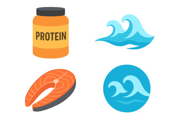 Vector collection of protein and sea icons. Salmon steak for healthy seafood diet and protein powder for bodybuilding. Fitness and nutrition concept with ocean wave symbols.